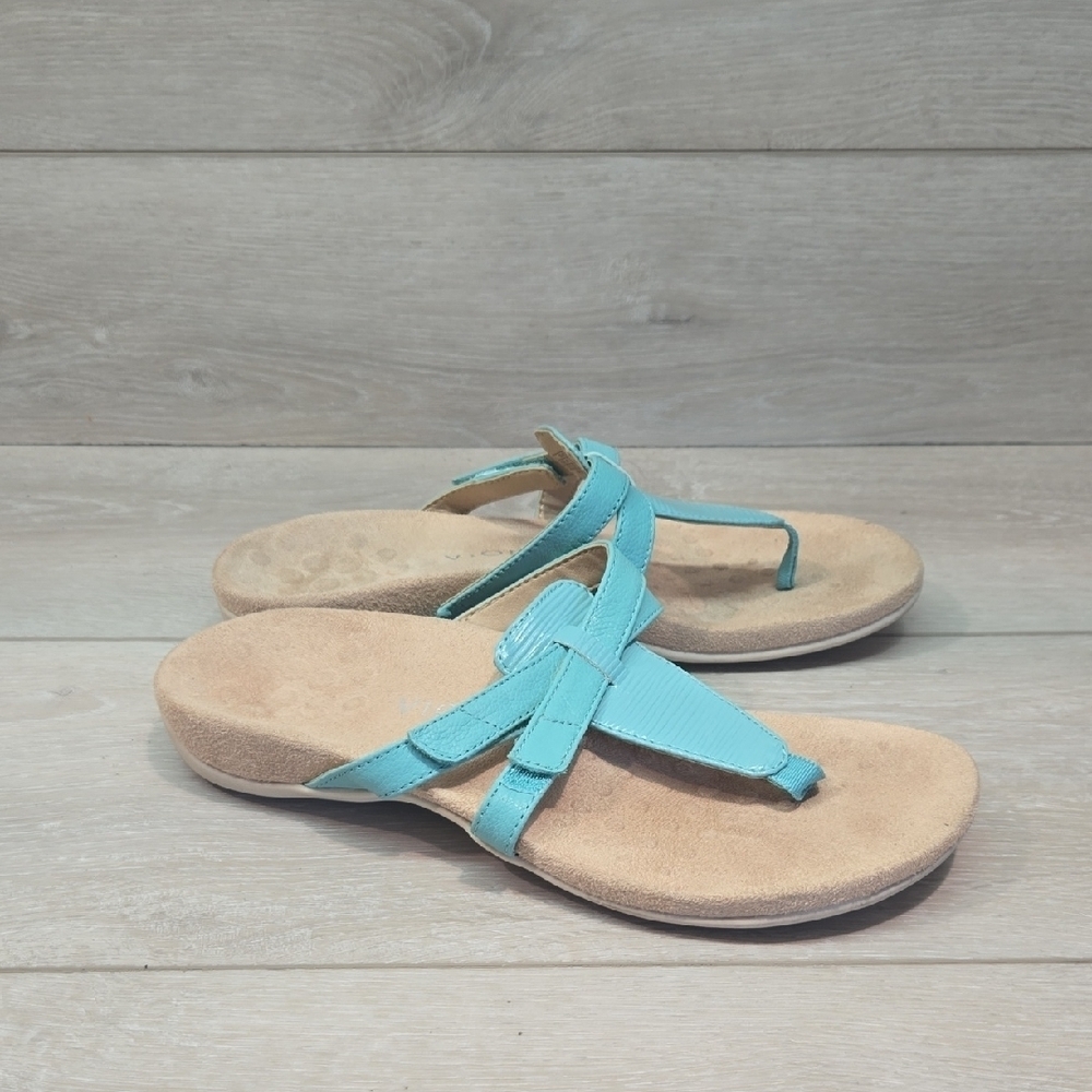 Vionic Karley Women's Leather Thong Hook&loop Blue Sandals Slide Shoes Sz 8